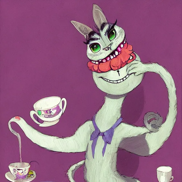 Image similar to cheshire cat drinking tea, by cory loftis, character art, art, very coherent, plain background, lighthearted, soft painting