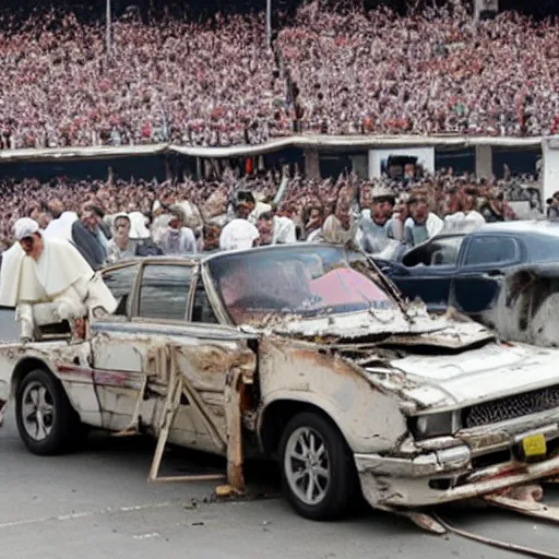 Image similar to a photo of the pope driving demolition derby