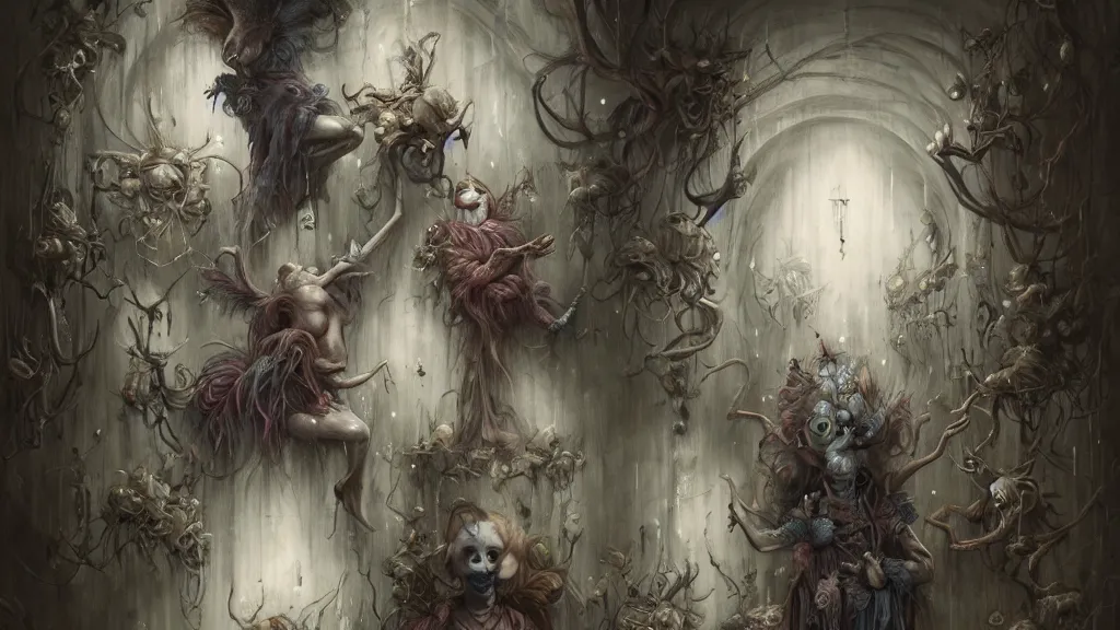 Image similar to clown portraits in cloistered alleyway dreaming of a circus wearing fedoras, in the style of peter mohrbacher by weta digital and beth cavener, high face symmetry, intricate, masterpiece, award winning, high face symmetry, intricate