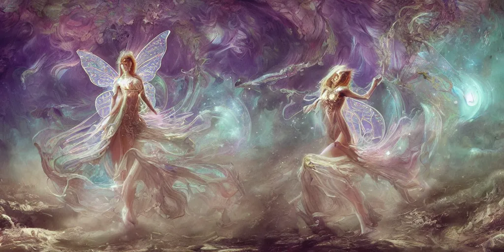 Prompt: concept art of translucent glowing curvy buxom fairy dancing, renaissance, flowy, melting, round moons, rich clouds, very detailed, volumetric light, mist, fine art, decaying, textured oil over canvas, epic fantasy art, very colorful, ornate intricate scales, floor of skulls, fractal gems