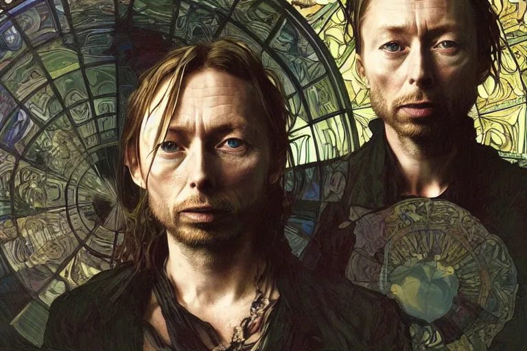 Image similar to hyper realistic portrait of ( ( ( thom yorke ) ) ) singer songwriter, side, liminal space, by lee bermejo, alphonse mucha and greg rutkowski