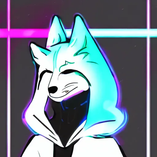 Image similar to a fox wearing a black hoodie with glowing neon stripes, in the style of anime