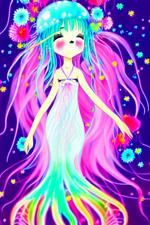 Prompt: jellyfish fairy princess in the streets of japan, chibi cute anime scenery | a concept of melancholic euphoric heartshine in the crush of oblivion. the vibrancy of nouveau is gilded with hollow - wishes. trending on artstation. vivid neon ink painting.