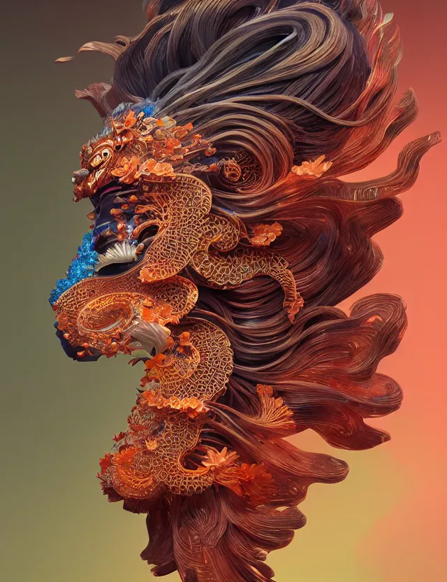 Image similar to 3 d goddess close - up profile portrait. beautiful intricately detailed japanese autumn fox mask and clasical japanese kimono. betta fish, jellyfish phoenix, bio luminescent, plasma, ice, water, wind, creature, artwork by tooth wu and wlop and beeple and greg rutkowski