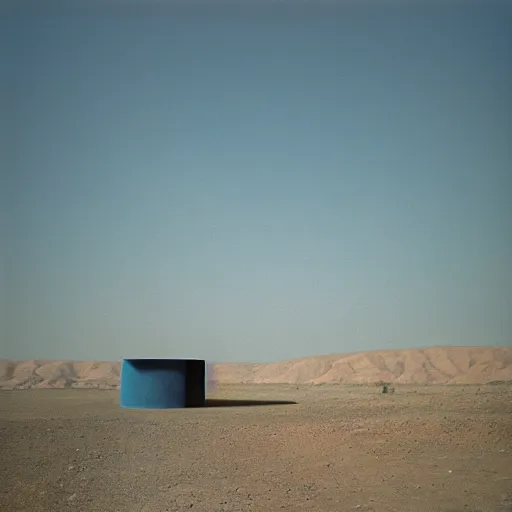 Prompt: a man standing outside a Non-Euclidean orb-like clay house sitting in the desert, vintage photo, beautiful cinematography, blue sky, film grain, James Turrell