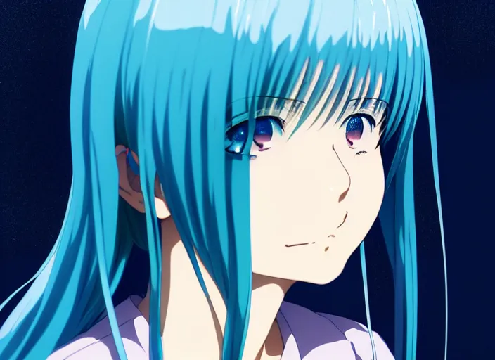 Prompt: anime visual, full body illustration a young woman with blue hair looking out her bedroom window at midnight, cute face by ilya kuvshinov, yoshinari yoh, makoto shinkai, katsura masakazu, dynamic perspective pose, detailed facial features, kyoani, rounded eyes, crisp and sharp, cel shad, anime poster, ambient light,