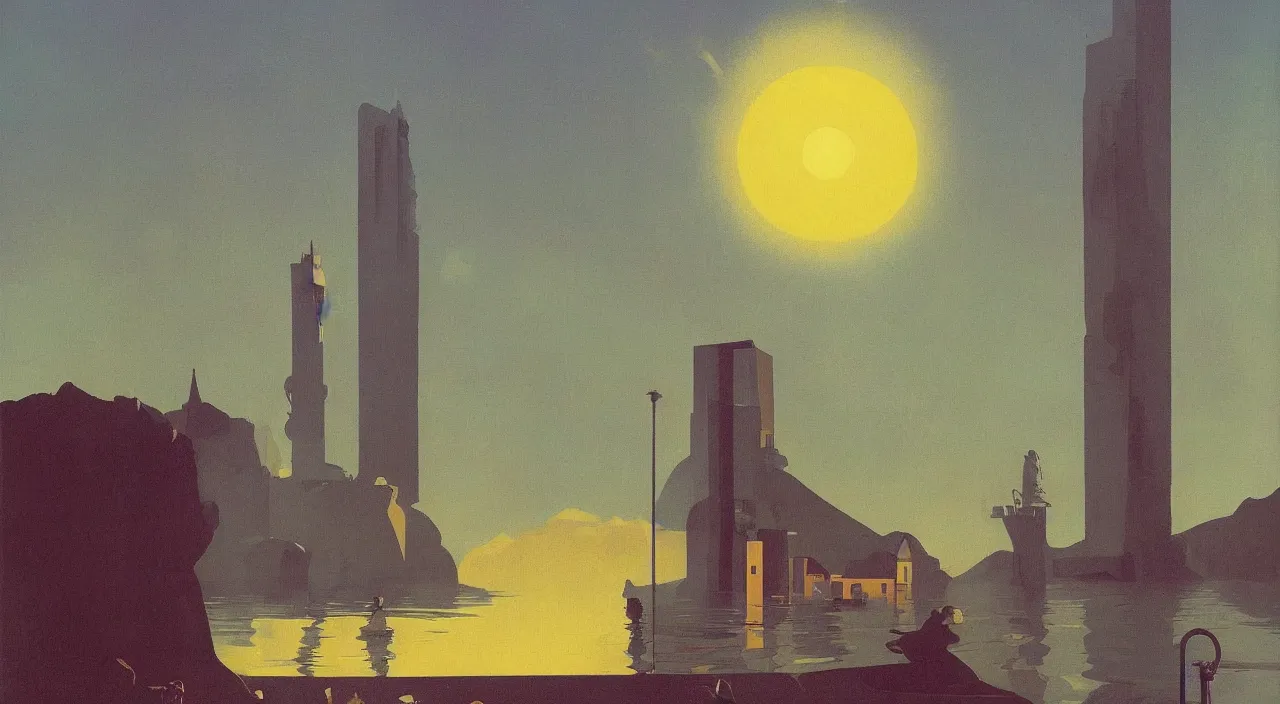 Image similar to single flooded simple! cosmic tower!, very coherent and colorful high contrast!! masterpiece by rene magritte simon stalenhag carl spitzweg syd mead norman rockwell edward hopper james gilleard, minimalist!, dark shadows, sunny day, hard lighting