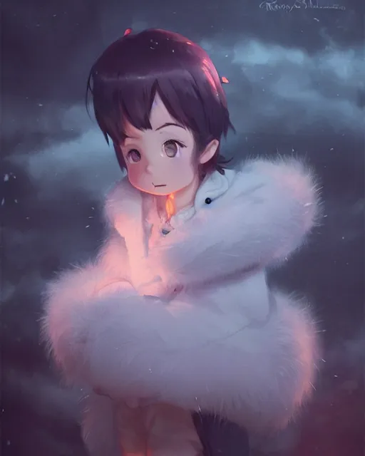 Image similar to an adorable chibi girl wearing a fluffy monster coat, full shot, atmospheric lighting, detailed face, by makoto shinkai, stanley artgerm lau, wlop, rossdraws