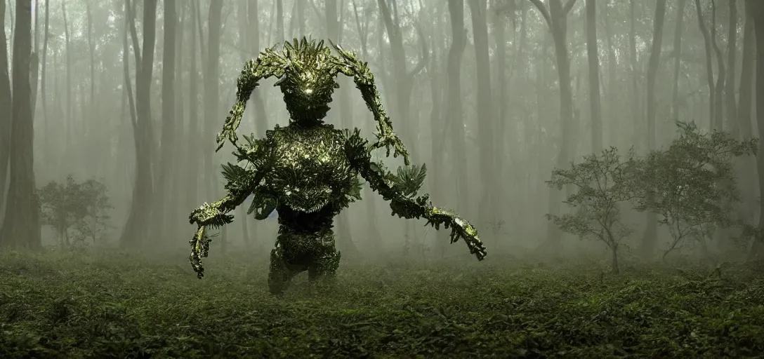 Image similar to a complex organic fractal 3 d metallic symbiotic ceramic humanoid megastructure creature in a swampy lush forest, foggy, cinematic shot, photo still from movie by denis villeneuve