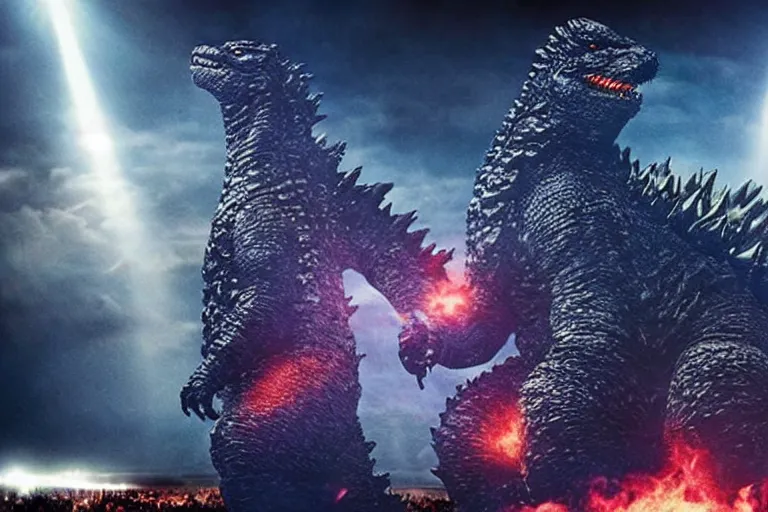 Image similar to godzilla playing the drumset, rock music, concert lights, dynamic photo, still shot from the new godzilla movie