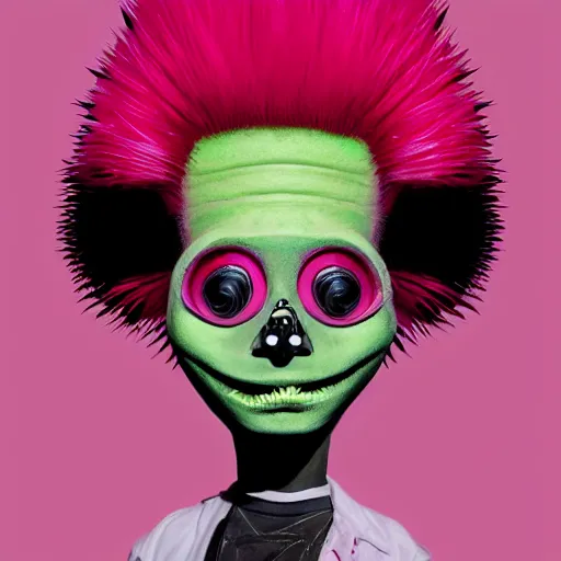 Image similar to a pink punk rock rapper alien with black spiked hair, an airbrush painting by Jamie Hewlett, cgsociety, symbolism, antichrist, aesthetic, 8k