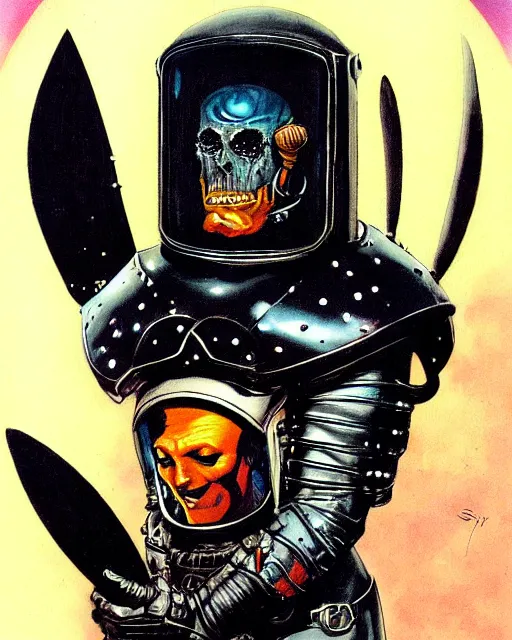 Image similar to portrait of a goth astronaut wearing armor by simon bisley, john blance, frank frazetta, fantasy, barbarian