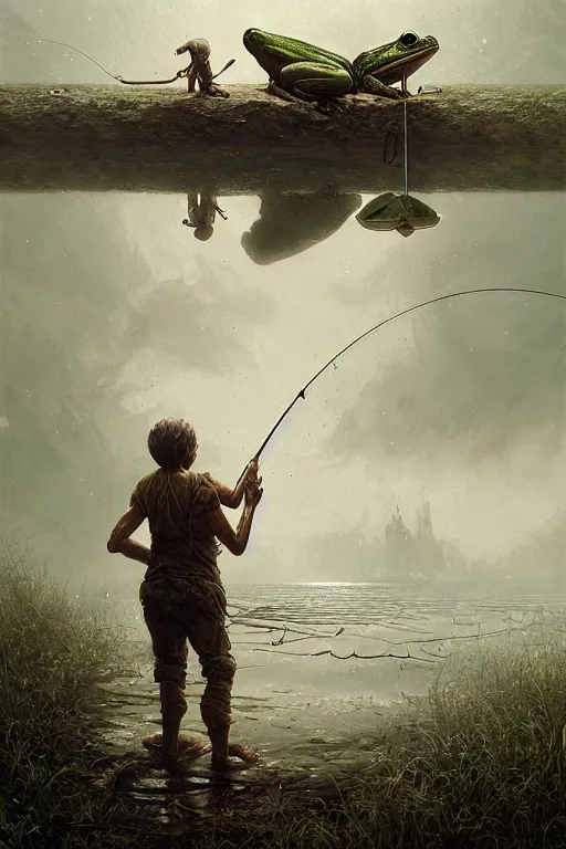 Image similar to frog fishing with a fishing pole by the water by anna podedworna, ayami kojima, greg rutkowski, giger, maxim verehin