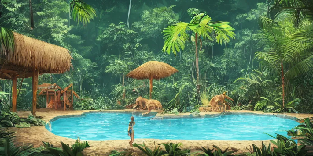 Image similar to swimming pool in the middle of the jungle a 'cat and a dog superdetailed' , empty beach chair , highly detailed, digital painting, artstation, concept art