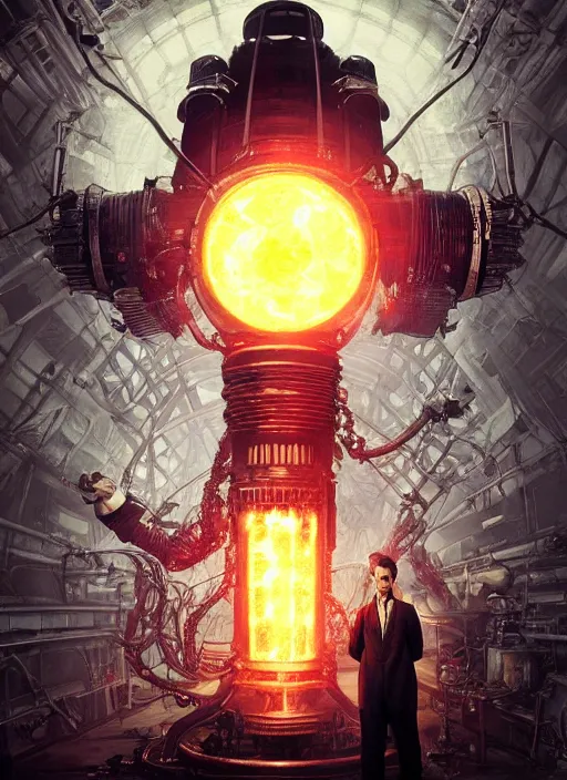 Image similar to biohazard art of nikola tesla as a mad scientist working on a giant robot from bioshock, au naturel, hyper detailed, digital art, trending in artstation, cinematic lighting, studio quality, smooth render, unreal engine 5 rendered, octane rendered, art style by klimt and nixeu and ian sprigger and wlop and krenz cushart