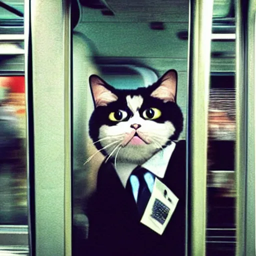 Prompt: “ angry cat wearing a suit riding the subway, studio ghibli, spirited away, anime, by hayao miyazaki ”