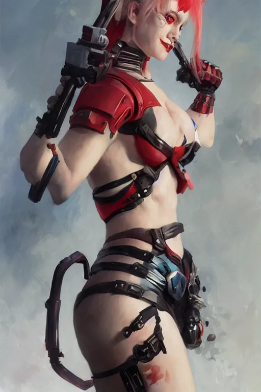 Image similar to portrait of Harley Quinn in bikini armor, dc comics, cyberpunk, Warhammer 40000, digital art from artstation by Ruan Jia and Mandy Jurgens and Artgerm and william-adolphe bouguereau