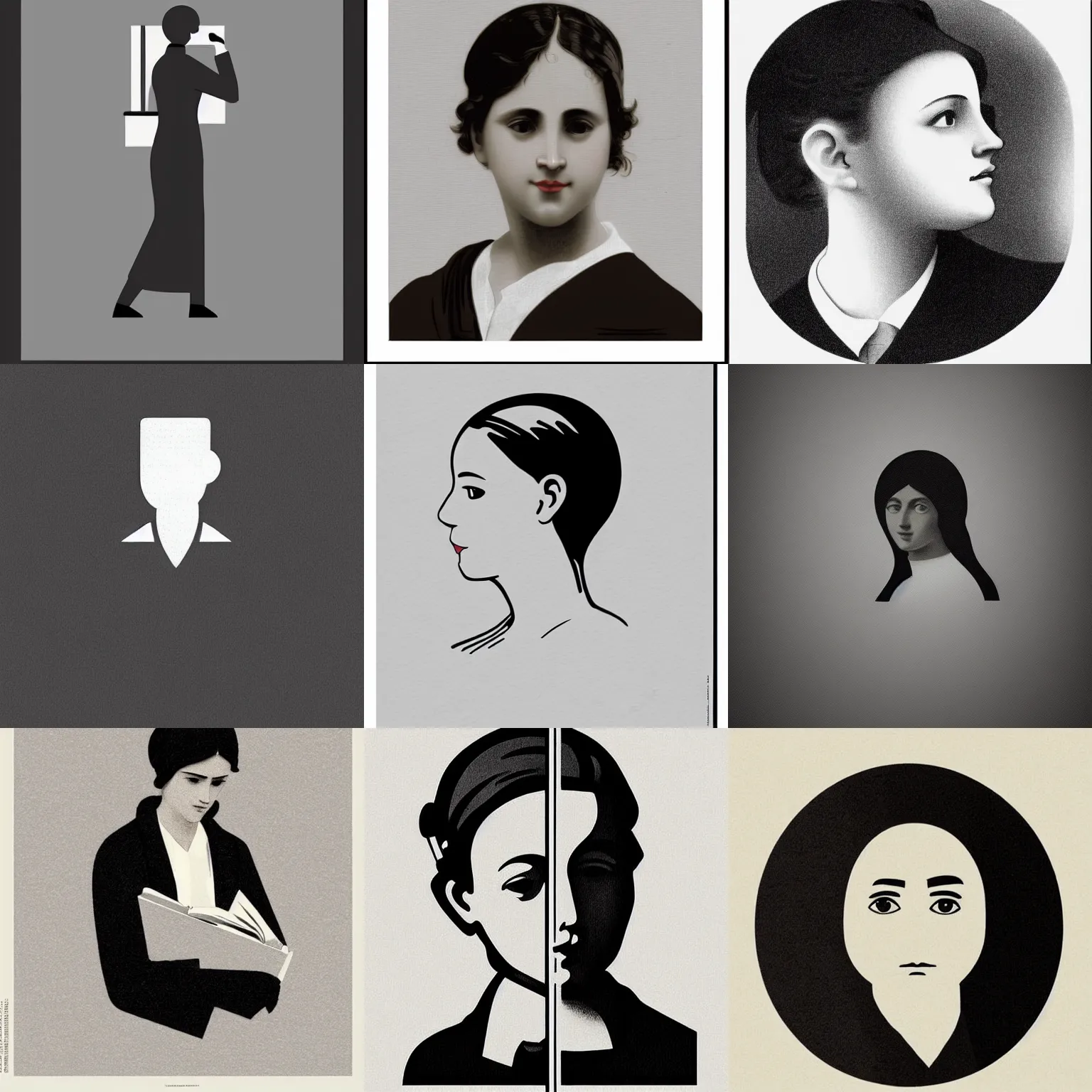 Prompt: icon of office worker stylized minimalist from behance, ios, vintage, magazine illustration, by william - adolphe bouguereau b & w