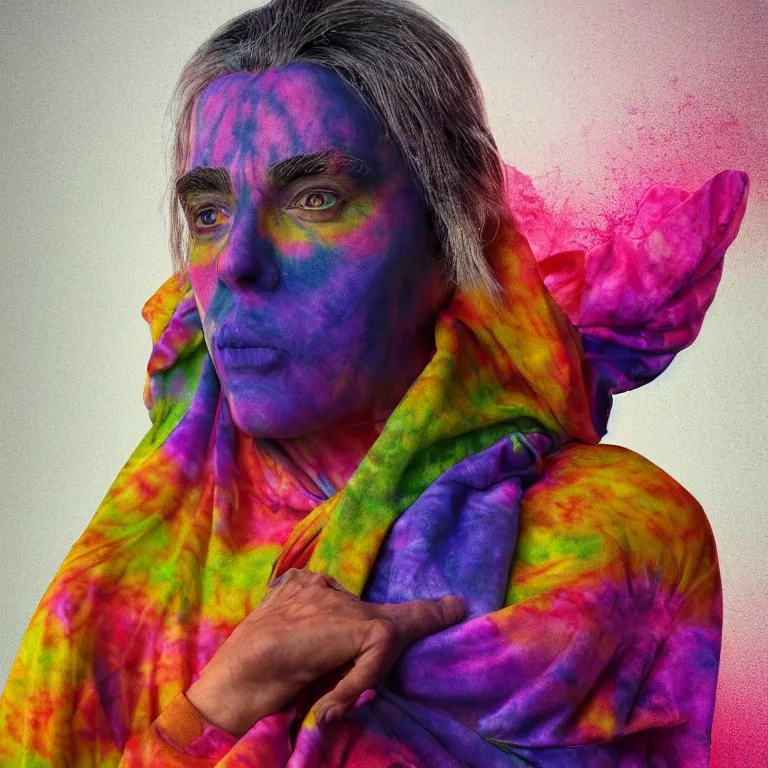 Image similar to octane render portrait by wayne barlow and carlo crivelli and glenn fabry, a woman wearing a skintight bright colorful tie - dye bedsheet costume, backlit, dramatic lighting, fog and mist, cinema 4 d, ray traced lighting, very short depth of field, bokeh