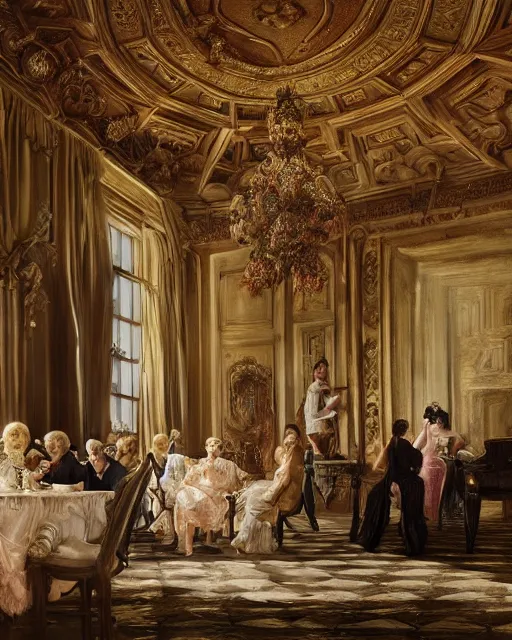 Prompt: realist rococo painting of a 1 9 2 0 s party in a beautiful mansion, vaulted ceiling, many partygoers, strong contrast, unreal engine, hyper realism, realistic shading, cinematic composition, realistic render, octane render, detailed textures, photorealistic, ultrawide shot, 3 5 mm film