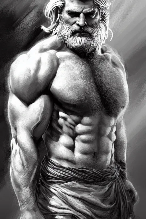 Image similar to painted portrait of rugged zeus, god of thunder, greek god, white hair, masculine, mature, handsome, upper body, muscular, hairy chest, fantasy, intricate, elegant, highly detailed, digital painting, artstation, concept art, smooth, sharp focus, illustration, art by gaston bussiere and craig mullins