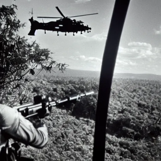 Prompt: cinematic shot of Elmo wearing 1960s U.S army combat armor and holding a rifle and sitting on the edge of a huey helicopter flying over a jungle, serious, epic,