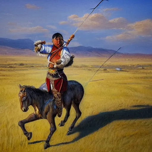 Prompt: mongolian warrior from ancient lands of taran shooting arrows from his horse in the distance, mongolian gobi grass lands landscape, highly detailed, ultrawide lens, impressionism, chiaroscuro, painting by artemisia, dark background