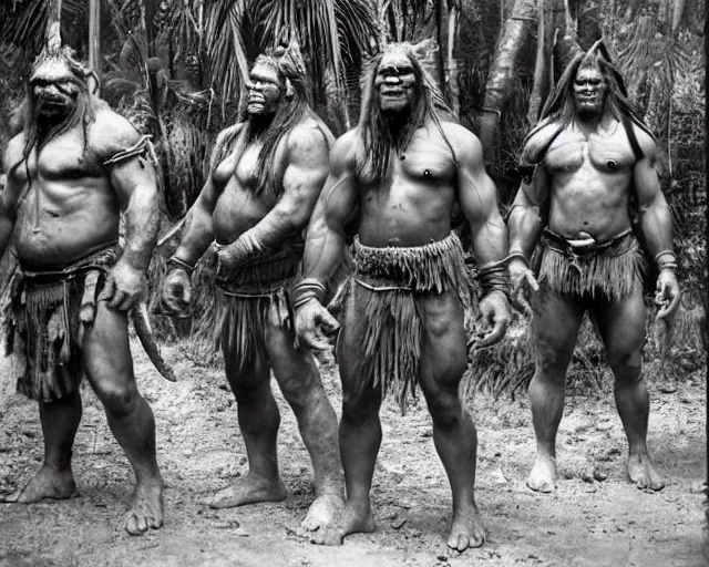 Image similar to hyper realistic group vintage photograph of a live action warcraft orc warrior tribe in the jungle, tall, hulk like physique, detailed faces, tribal paint, tribal armor, grain, old, monochrome, sepia toned, realistic lighting, wide angle