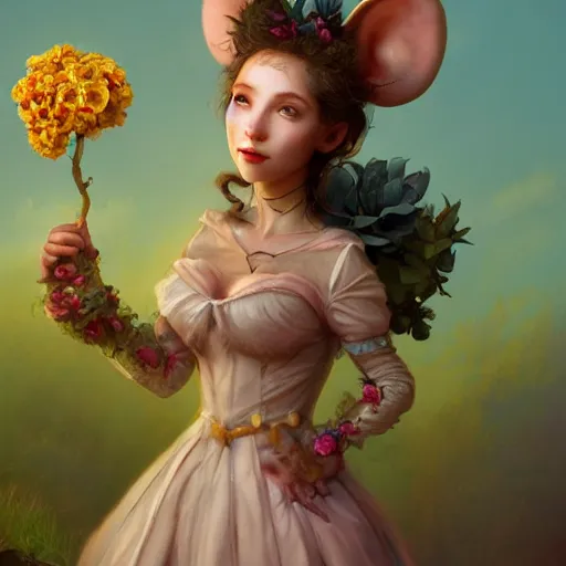 Prompt: an anthropomorphic mouse girl wearing a ball gown and holding a flower, garden, summer, 8k resolution matte fantasy painting, cinematic lighting, DeviantArt, Artstation, Jason Felix Steve Argyle Tyler Jacobson Peter Mohrbacher