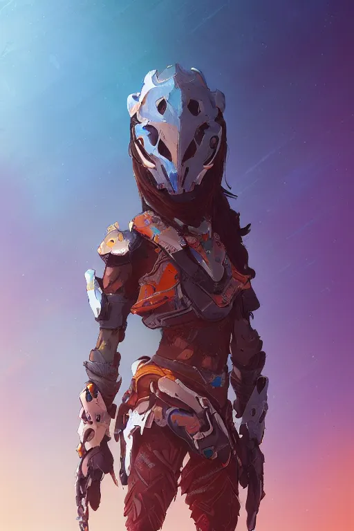 Image similar to combination suit armor aloy horizon forbidden west horizon zero dawn radiating a glowing aura global illumination ray tracing hdr fanart arstation by ian pesty and alena aenami artworks in 4 k tribal robot ninja mask helmet backpack