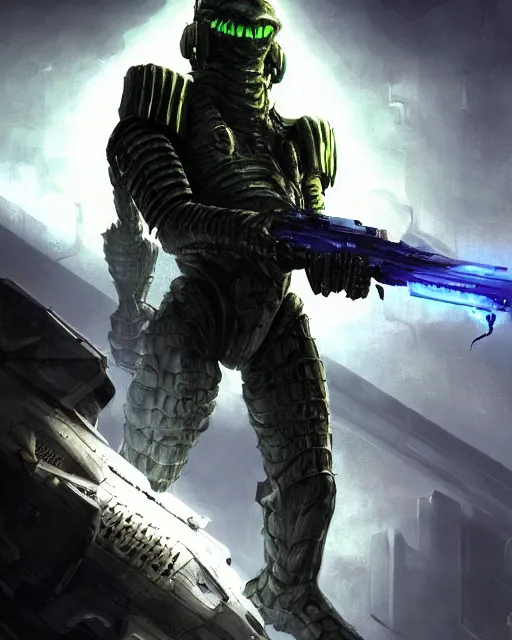 Image similar to Sci-Fi Crocodile alien, armored, big, art by Kashin, Wadim, Martinière, Stephan, holding rifle, sharp focus, pitch black cursed evil Spaceship hallway, dark light, soft purple glow, heroic pose, sci-fi artwork, octane render, dead space artwork, cyberpunk, warm light, occult, magical, volumetric lighting, 8k high definition, highly detailed, trending on art Station, centered, by Greg Rutkovski, sci-fi artwork, arnold render