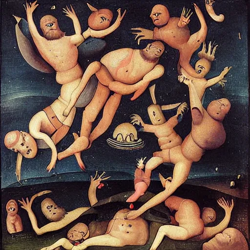 Image similar to beautiful painting of eldricht zooplancton monsters orbiting around the psyche of a sleeping man in the style of Hyeronimus Bosch