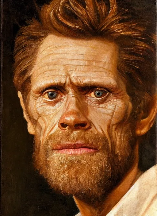 Image similar to portrait painting of willem dafoe with stubble, renaissance oil painting, chiaroscuro