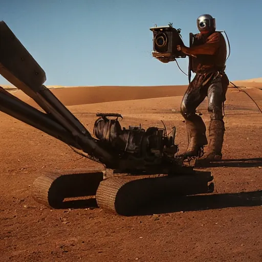 Prompt: a man wearing heavy equipment and a welding mask, in the desert, action movie, Mad Max inspired, film still, arriflex 35