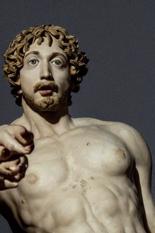 Image similar to Sam Hyde sculpted as a Greek God by Michaelangelo, sigma male, rule of thirds, close up, award winning photo, highly detailed features, unreal engine, studio lighting, set in Greek museum