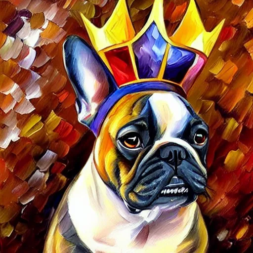 Prompt: portrait painting of a French bulldog wearing a crown and gold necklace by Leonid Afremov