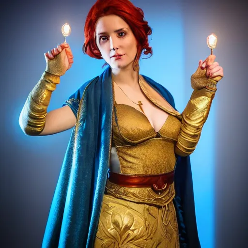 Image similar to Triss Merigold cosplay, beautiful ornate blue and gold robe, golden ornamental leaf shaped festoon, warmly lit posh study, cinematic dramatic lighting, gorgeous female model