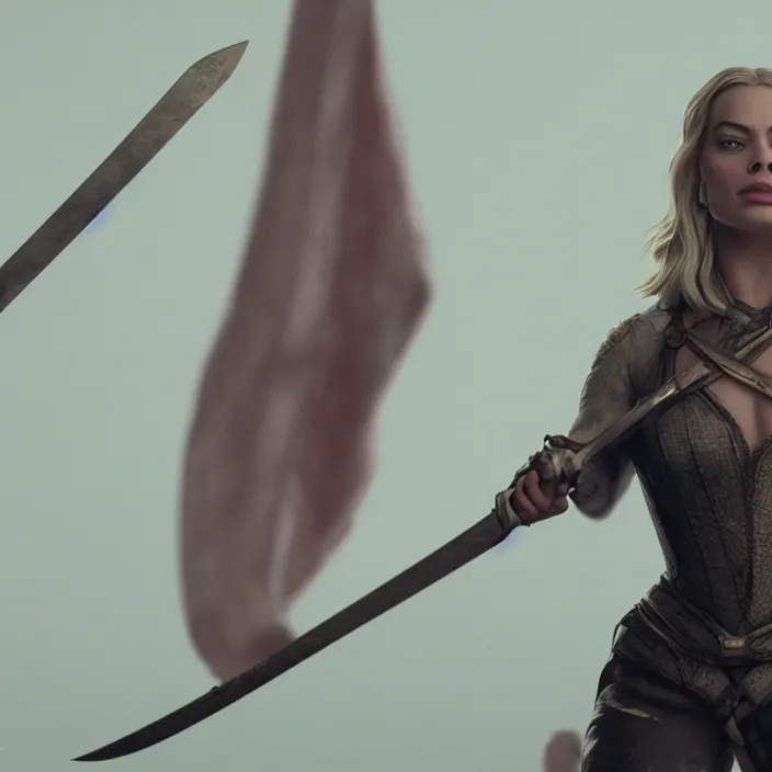 Prompt: margot robbie, sword in her hands. very coherent symmetrical artwork. cinematic, high detail, octane render, 8 k