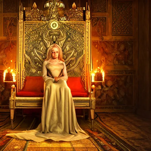 Image similar to the elder scrolls vi, charismatic regal blonde female jarl, portrait, exquisitely designed throne room, atmospheric lighting, painted, intricate, volumetric lighting, beautiful, daytime, slightly sunny weather, sharp focus, deep colours, ultra detailed, by leesha hannigan, ross tran, thierry doizon, kai carpenter, ignacio fernandez rios