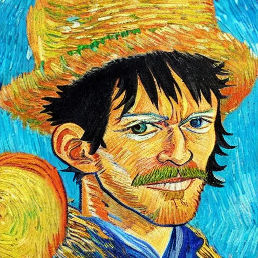 Image similar to straw hat luffy in the style of Vincent Van Gogh, portrait, seaside