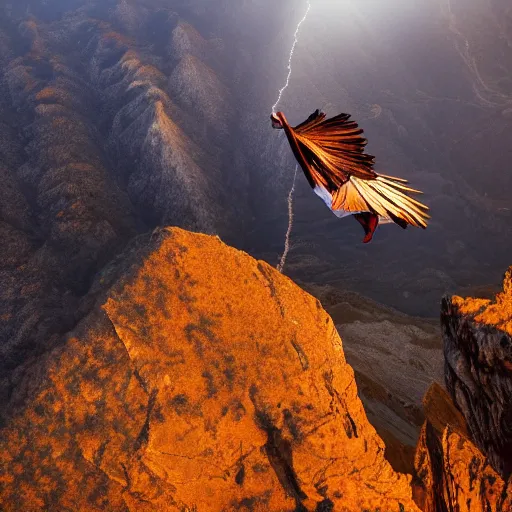 Prompt: winged man, flying over a mountain, dramatic lighting, 4 k, photography, award winning photo