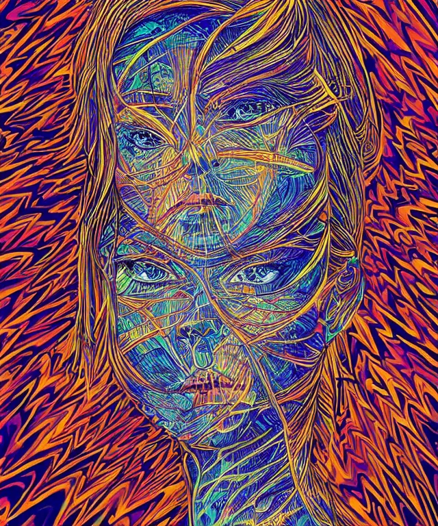 Prompt: A epic illustration of beautiful woman energetic symmetrical portrait by Michael Sydney Moore, Alex Grey, hyper detailed, 50mm, award winning photography