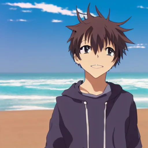 Image similar to Anime boy standing on the beach, smiling at the camera. Blue sky. Anime Still frame.