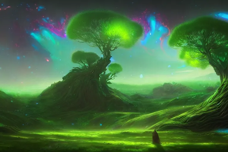 Prompt: a psychedelic green nature landscape at the edge of the known universe, astral beings sharing love!!!!, in the style of greg rutkowski! and wlop and lisa frank! and bob ross!!! and ruan jia, illustration, epic, fantasy, hyper detailed, smooth, unreal engine, sharp focus, ray tracing, iridescent, subsurface scattering
