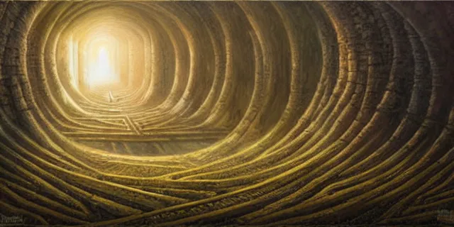 Prompt: painting of a ancient labyrinth in the style of nebulapunk by dan seagrave and tomasz alen kopera