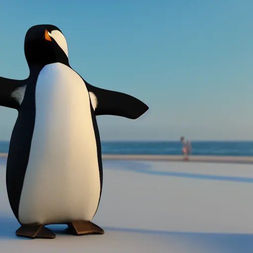 Image similar to realistic penguin at the beach during sunset. high details. 3 d render, octane render, wallpaper