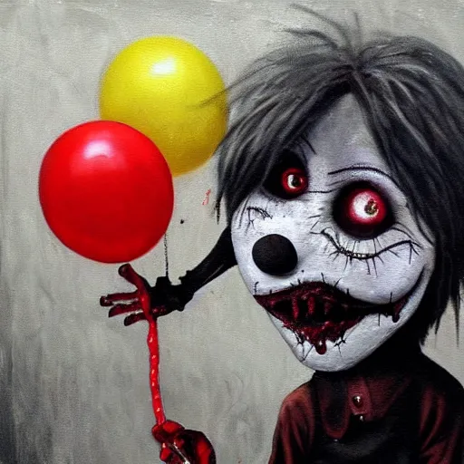 Prompt: grunge painting of elmo with a wide smile and a red balloon by chris leib, loony toons style, pennywise style, corpse bride style, horror theme, detailed, elegant, intricate