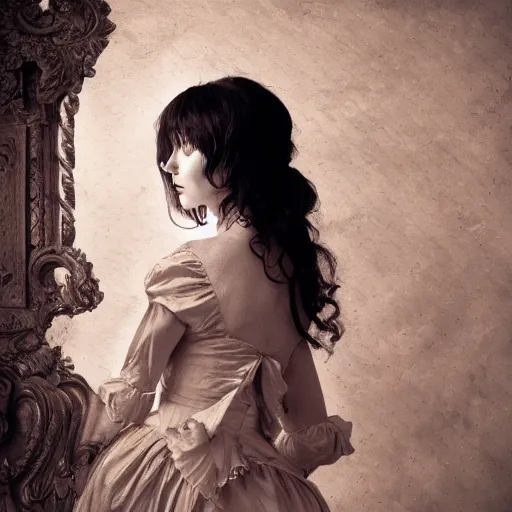 Image similar to shot from a distance, rococo, manga, tonal, young lady, thin, dark hair, wearing isabel murant