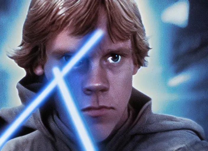 Prompt: screenshot from the lost star wars film, blue transparent hologram of Luke Skywalker, iconic scene from the lost Star Wars film, Remnants Of the Empire, 1990 directed by Stanely Kubrick, moody cinematography, with anamorphic lenses, crisp, detailed, 4k