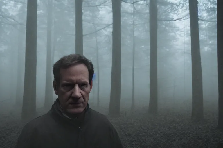 Prompt: a cinematic headshot portrait of a male scientist, in a spooky forest, fog, portrait, portrait, portrait, shrubbery, 8 k, detailed, backlight, deep focus, movie still, moody lighting, by werner herzog